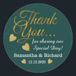 Gold Thank You Wedding Favour Emerald Green Classic Round Sticker<br><div class="desc">Elegant and stylish wedding stickers with gold thank you typography and golden hearts.Personalize with bride and groom names and wedding date.</div>