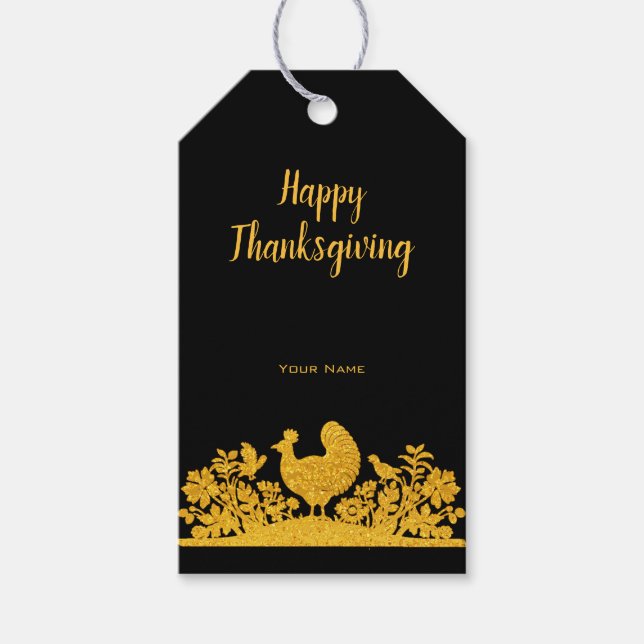 Gold Thanksgiving Turkey Floral Gift Tag (Front)
