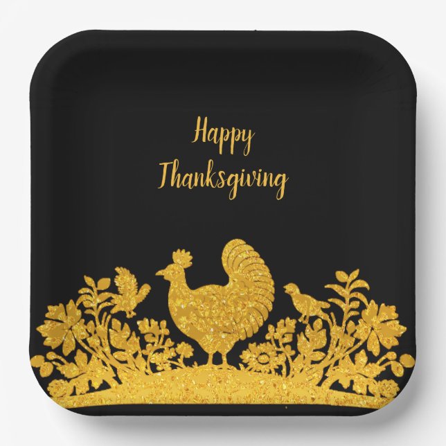 Gold Thanksgiving Turkey Floral Paper Plate (Front)