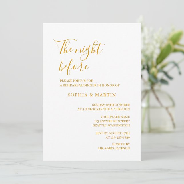 Gold The Night Before Rehearsal Dinner Wedding Invitation (Standing Front)