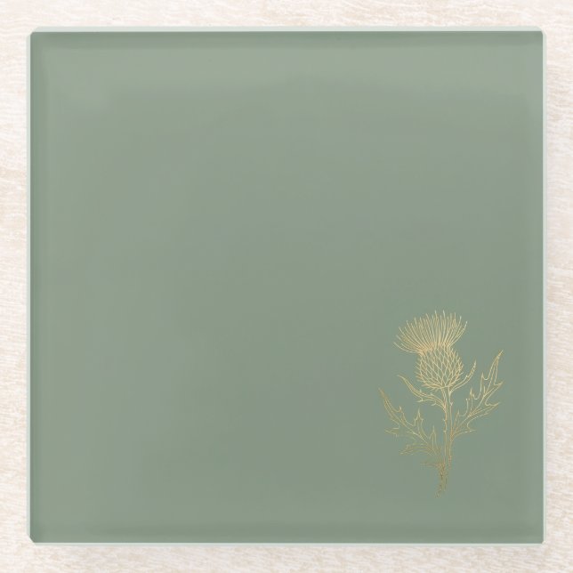 Gold Thistle Sage Green Glass Coaster (Front)