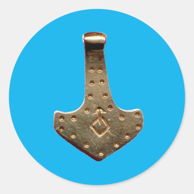 Gold Thor Hammer bleu gros autocollants ronds (Devant)