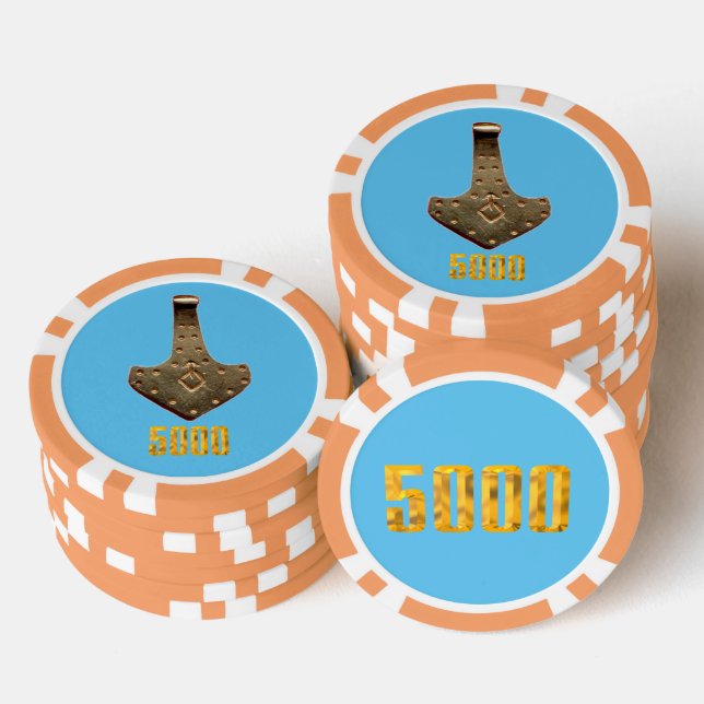 Gold Thor Hammer blue orange 5K striped poker chip (Stack)