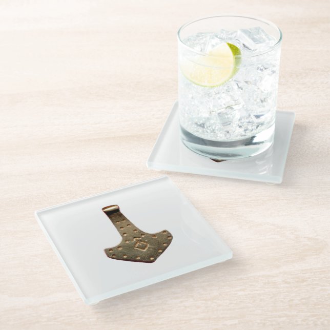 Gold Thor Hammer clear glass coaster (Angled)