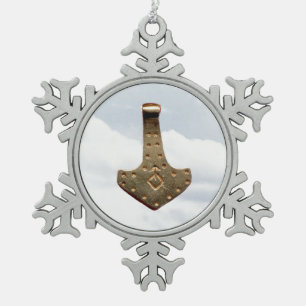 Gold Thor Hammer  pewter snowflake Yule ornament