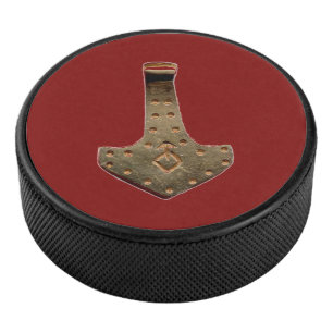 Gold Thor Hammer red hockey puck
