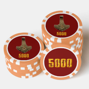 Gold Thor Hammer red orange 5000 stripe poker chip