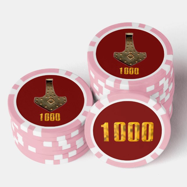 Gold Thor Hammer red pink 1000 striped poker chip (Stack)