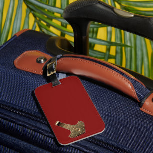 Gold Thor Hammer tilted red luggage tag