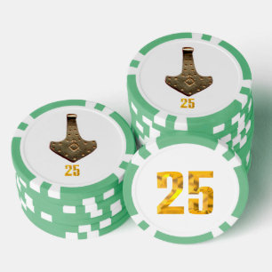 Gold Thor Hammer white green 25 striped poker chip