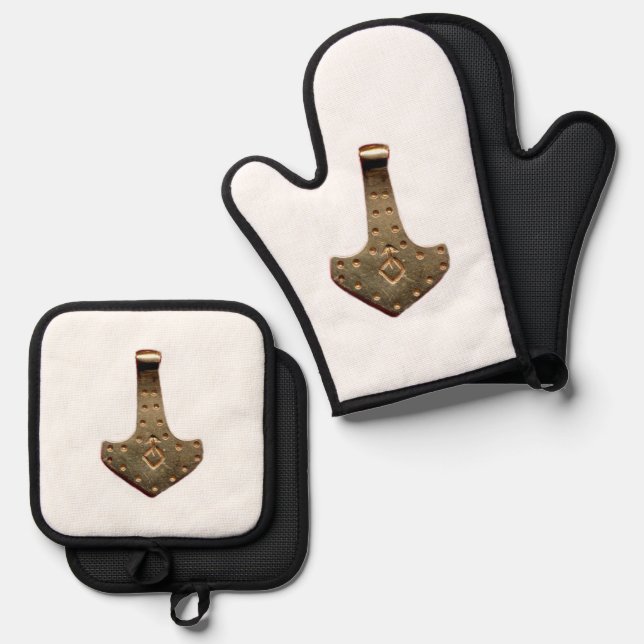 Gold Thor Hammer white oven mitts pot holders Oven Mitt & Pot Holder Set (Front/Back)