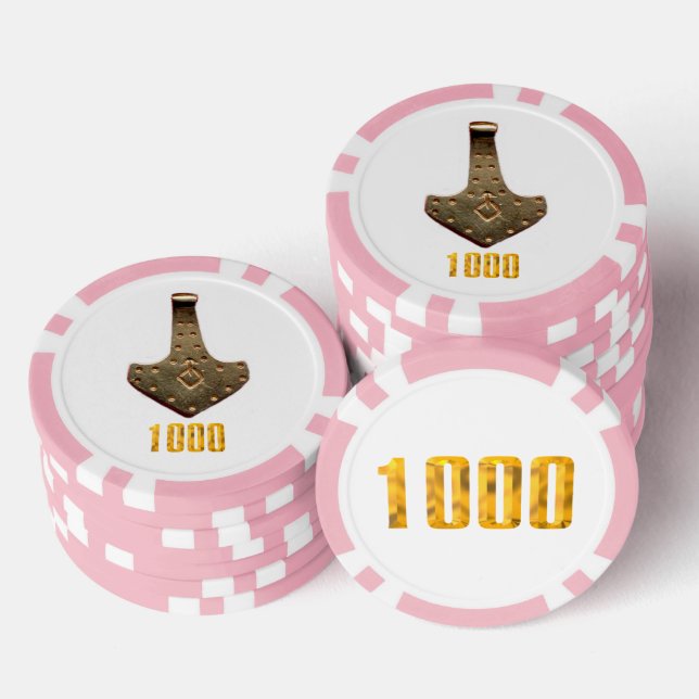 Gold Thor Hammer white pink 1K striped poker chip (Stack)