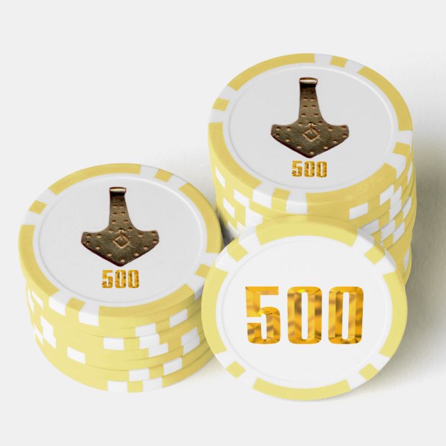 Gold Thor Hammer white yellw 500 stripe poker chip (Stack)