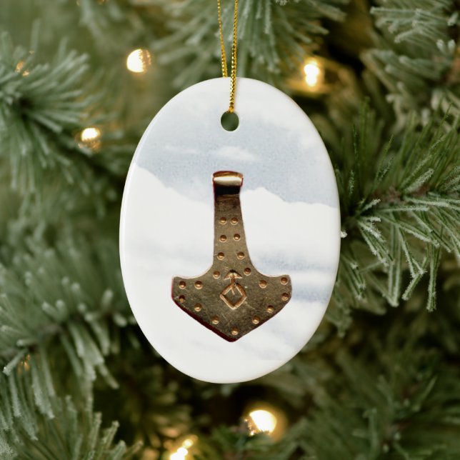 Gold Thor's Hammer clouds oval ceramic ornament (Tree)