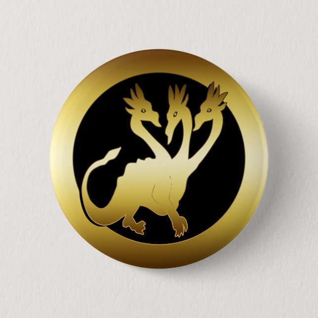 GOLD THREE HEADED DRAGON 2 INCH ROUND BUTTON (Front)