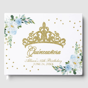 Gold Tiara Blush Baby Blue Floral Quinceanera Guest Book