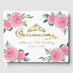Gold Tiara Blush Hot Pink Floral Quinceanera Guest Book