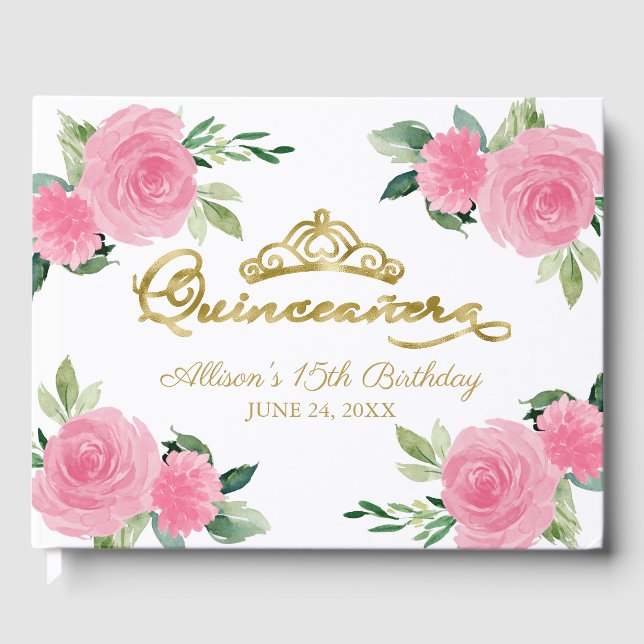 Gold Tiara Blush Hot Pink Floral Quinceanera Guest Book (Front)