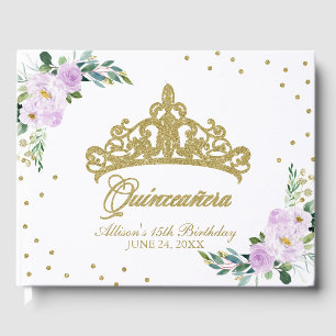 Gold Tiara Blush Purple Lilac Floral Quinceanera Guest Book