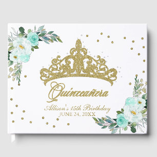 Gold Tiara Blush Teal Floral Quinceanera Guest Book