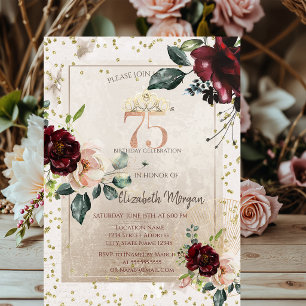 Gold Tiara,Burgundy Flowers 75th Birthday Invitation