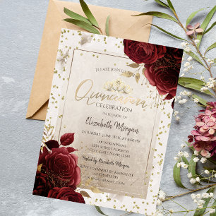 Gold Tiara,Burgundy Flowers Diamonds Quinceañera Invitation