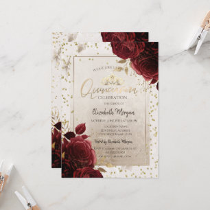 Gold Tiara,Burgundy Flowers Diamonds Quinceañera  Invitation
