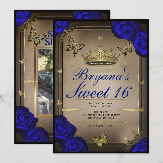 Gold Tiara Butterflies Blue Roses Sweet 16  Invitation (Front/Back)