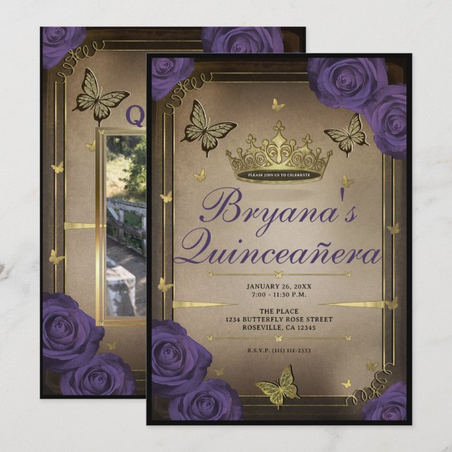 Gold Tiara Butterflies Purple Roses Quinceañera  Invitation (Front/Back)