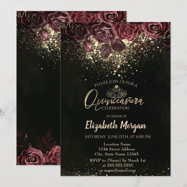Gold Tiara, Confetti Burgundy Flowers Quinceañera Invitation (Front/Back)