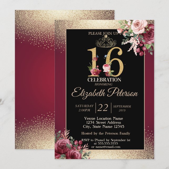 Gold Tiara Confetti Burgundy Sweet 16 Party Invitation (Front/Back)