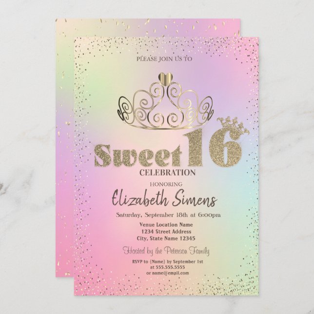 Gold Tiara Confetti Princess Holographic Sweet 16 Invitation (Front/Back)