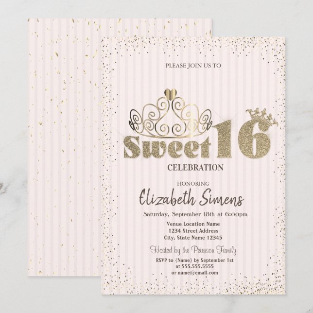 Gold Tiara Confetti Princess Striped Sweet 16 Invitation (Front/Back)