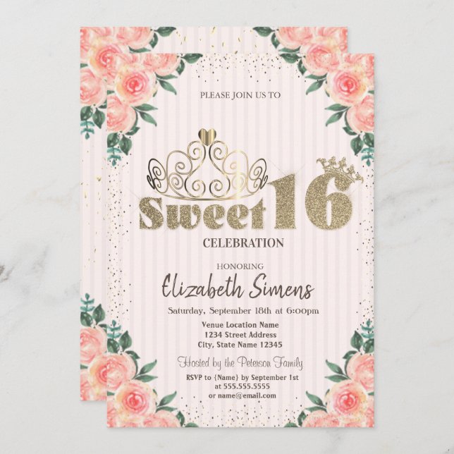 Gold Tiara Confetti Roses, Striped Sweet 16 Invitation (Front/Back)