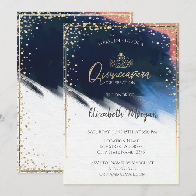 Gold Tiara,Confetti,Watercolor Brush Stroke Invitation (Front/Back)