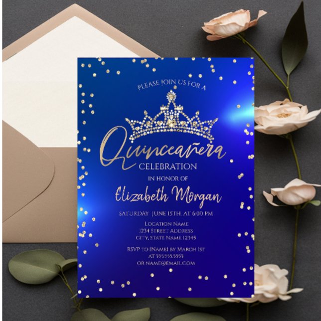 Gold Tiara Diamonds Blue Quinceañera Invitation (Creator Uploaded)