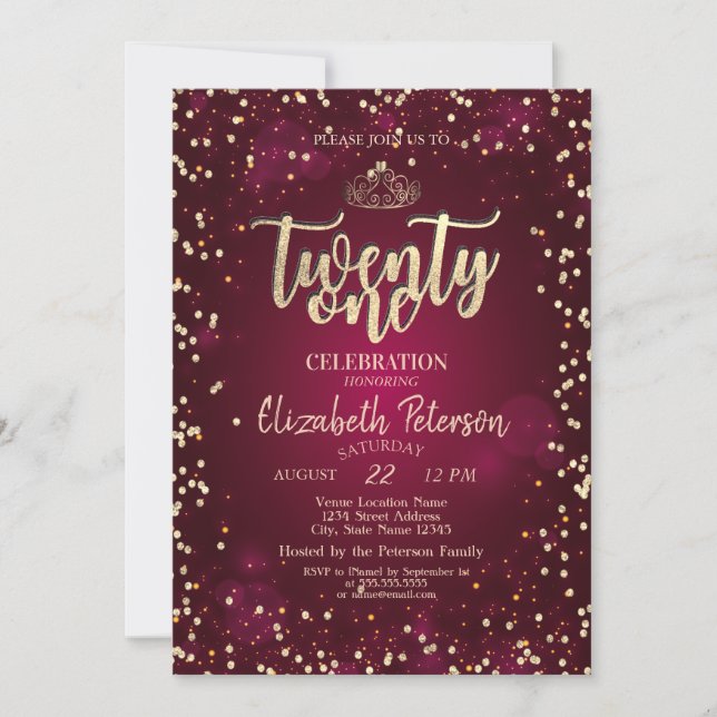 Gold Tiara,Diamonds Burgundy 21st Birthday Party Invitation (Front)