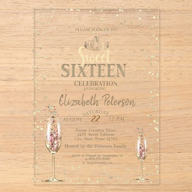 Gold Tiara,Diamonds Champagne Glass Sweet 16 Acrylic Invitations (Front)