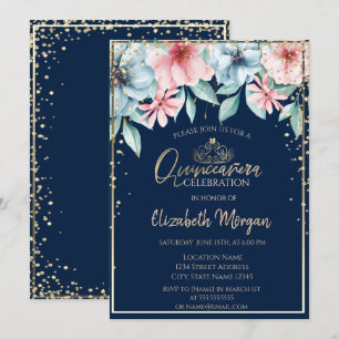Gold Tiara,Diamonds,Floral Quinceañera Invitation