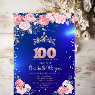 Gold Tiara Diamonds Flowers Blue 100th Birthday Invitation