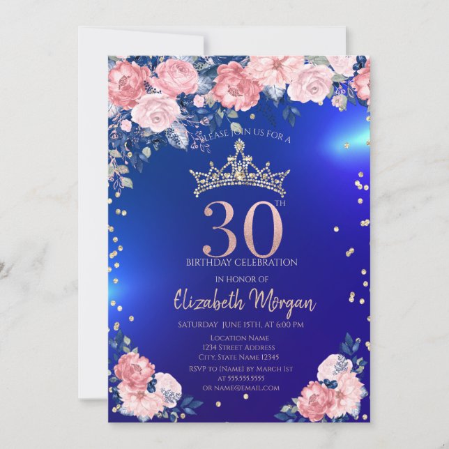Gold Tiara Diamonds Flowers Blue 30th Birthday Invitation (Front)