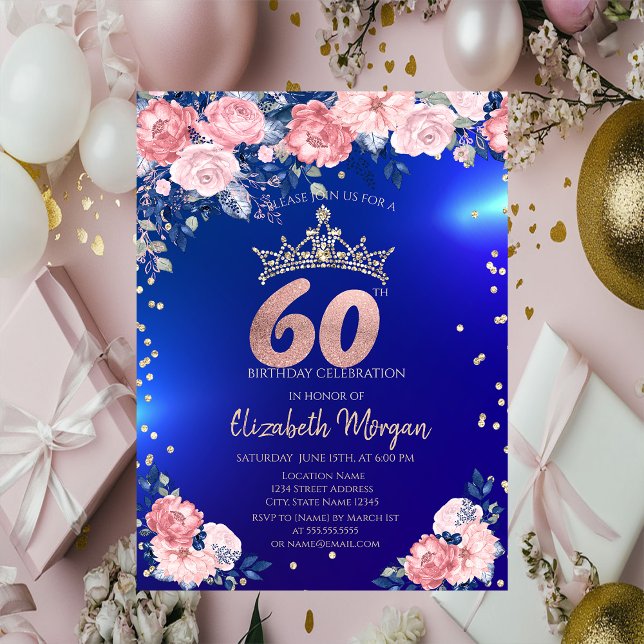 Gold Tiara Diamonds Flowers Blue 60th Birthday Invitation (Creator Uploaded)