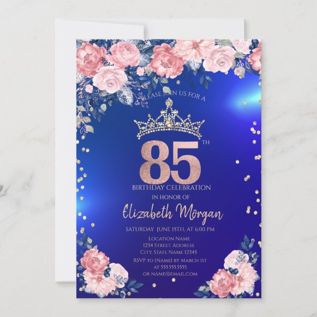 Gold Tiara Diamonds Flowers Blue 85th Birthday Invitation (Front)