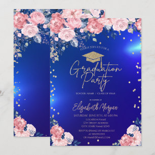 Gold Tiara Diamonds Roses Blue Graduation Party Invitation