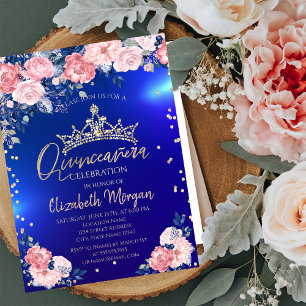 Gold Tiara Diamonds Roses Blue Quinceañera Invitation