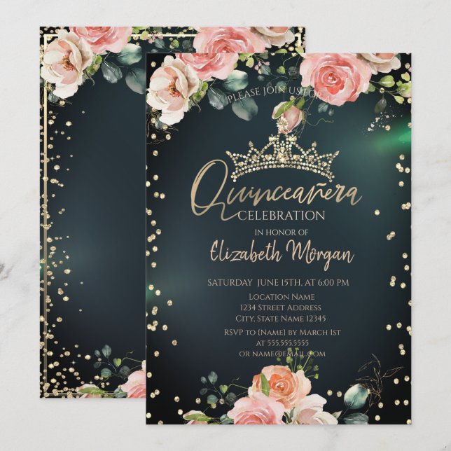 Gold Tiara Diamonds Roses Green Quinceañera Invitation (Front/Back)