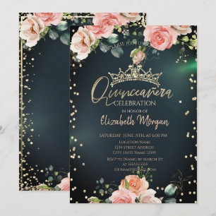 Gold Tiara Diamonds Roses Green Quinceañera Invitation