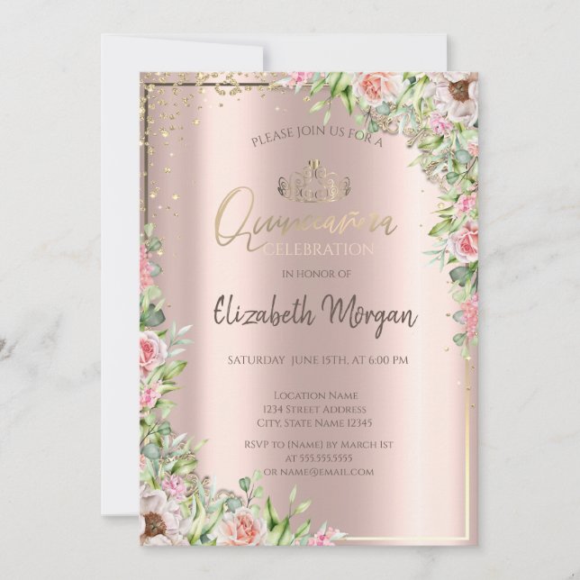  Gold Tiara,Diamonds,Roses Rose Gold Quinceañera  Invitation (Front)