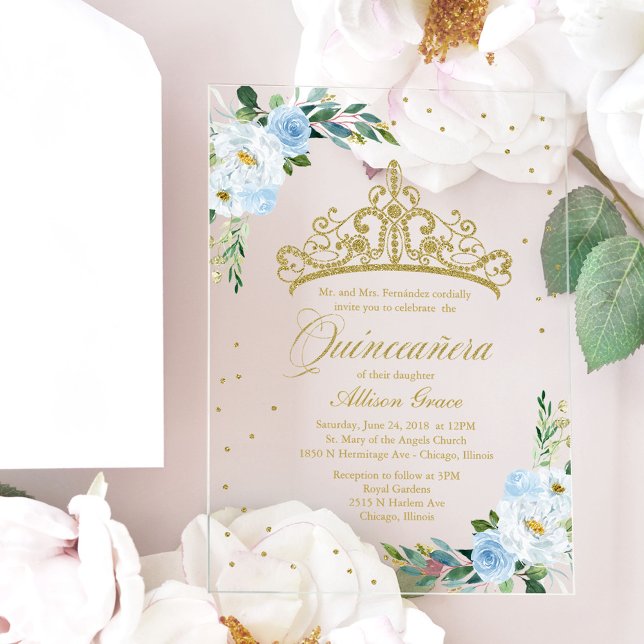 Gold Tiara Dusty Blue Flowers Quinceañera  Acrylic Invitations (Creator Uploaded)