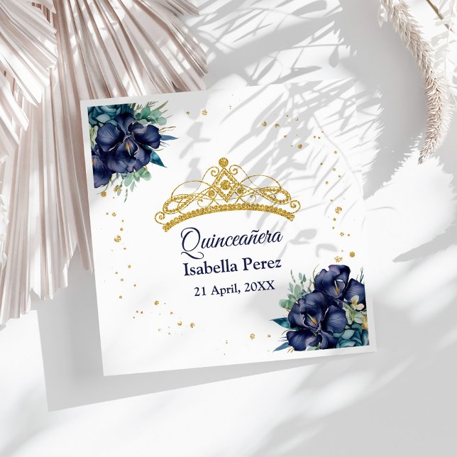 Gold Tiara Glitter and Floral Quinceanera Napkin (Gold Tiara Glitter and Floral Quinceanera Napkins on a sunny white table.)